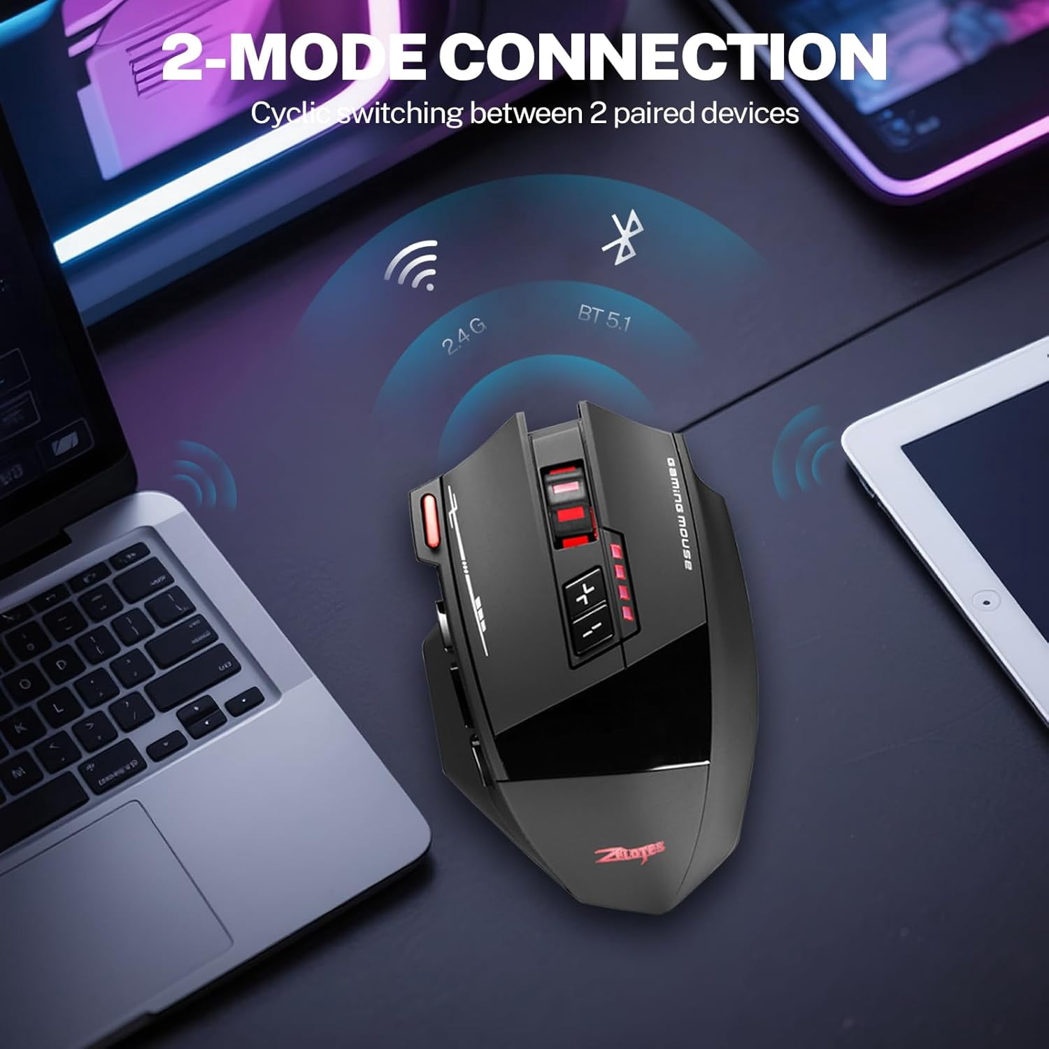 Wireless RGB Gaming Mouse, 2.4G Bluetooth Dual Mode Mouse with 24000 DPI PMW-3311 Sensor, 13 Macro Programmable Buttons, 50Hr Rechargeable Ergonomic Mouse for PC Laptop FPS MOBA (Black)