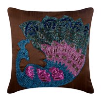 Pillow Covers, Decorative Brown Designer Throw Pillow Covers 16x16 inch (40x40 cm), Silk Throw Pillows For Couch, Birds, Peacock, Beaded, Traditional Accent Pillow - Blue Peacock