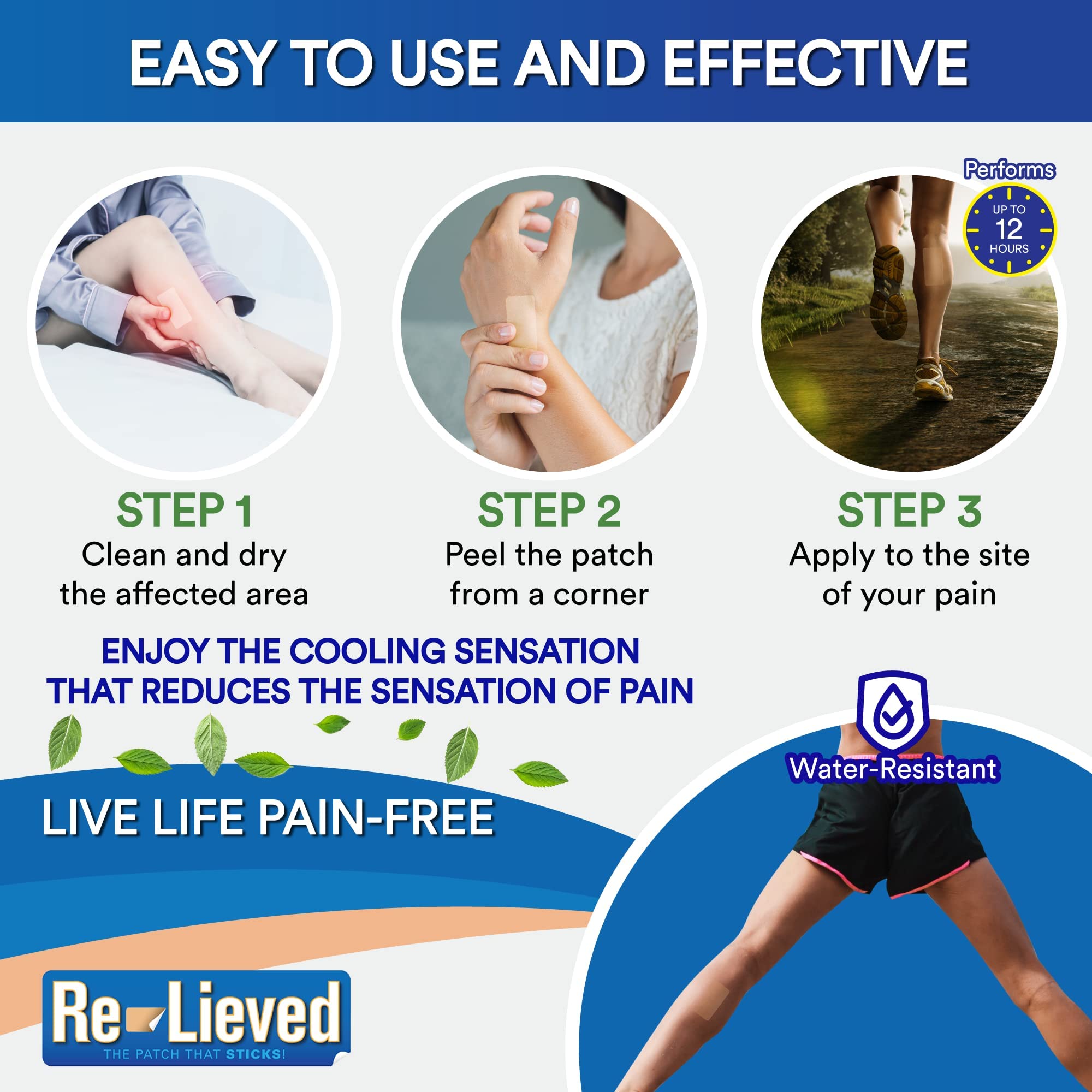 Re-Lieved 4% Lidocaine & 1% Menthol Pain Relief Patches — Maximum Strength Medicated Patches for Joint & Muscle Pain — Stick-on Fast-Acting Pain Relief — Aluminum-Free, USA Made — 6 Count