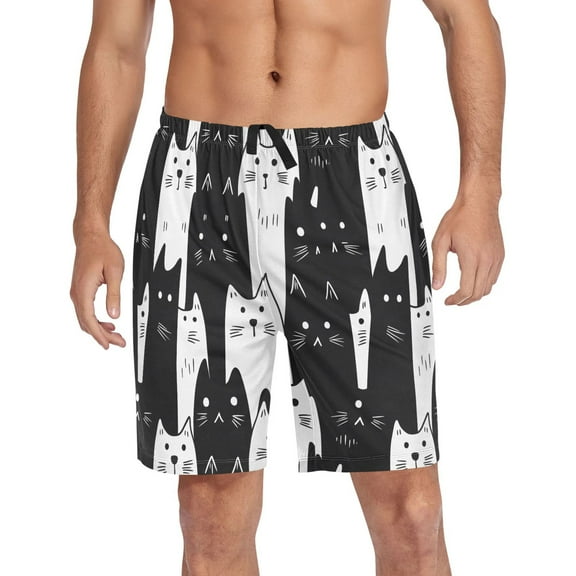 Men's Pajama Shorts Bottoms with Pockets Soft Lightweight Lounge Sleep Wear White Black Cat
