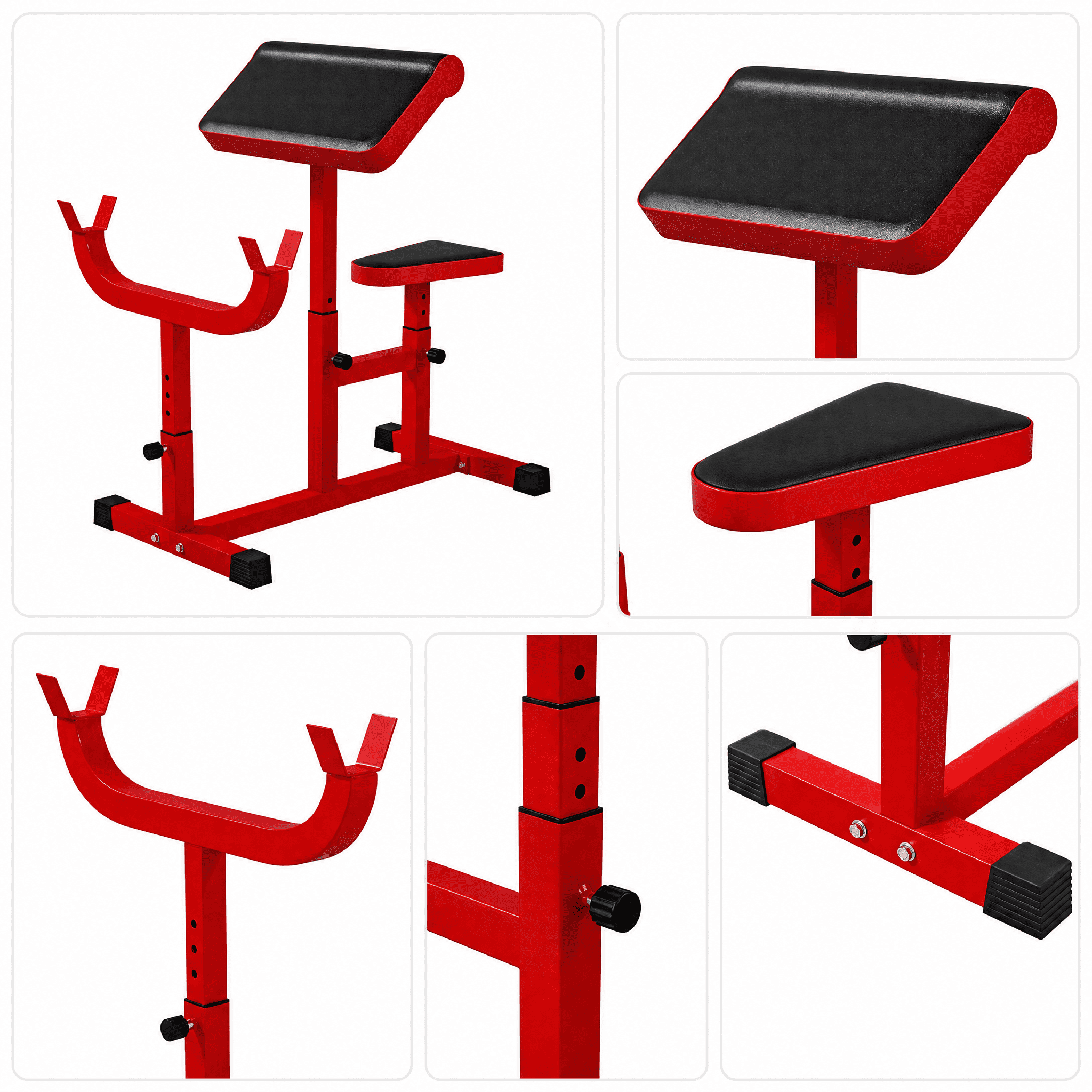 265 LBS Preacher Curl Bench, Adjustable Seated Arm Isolated Barbell Dumbbell Bicep Station for Strength Training, Red