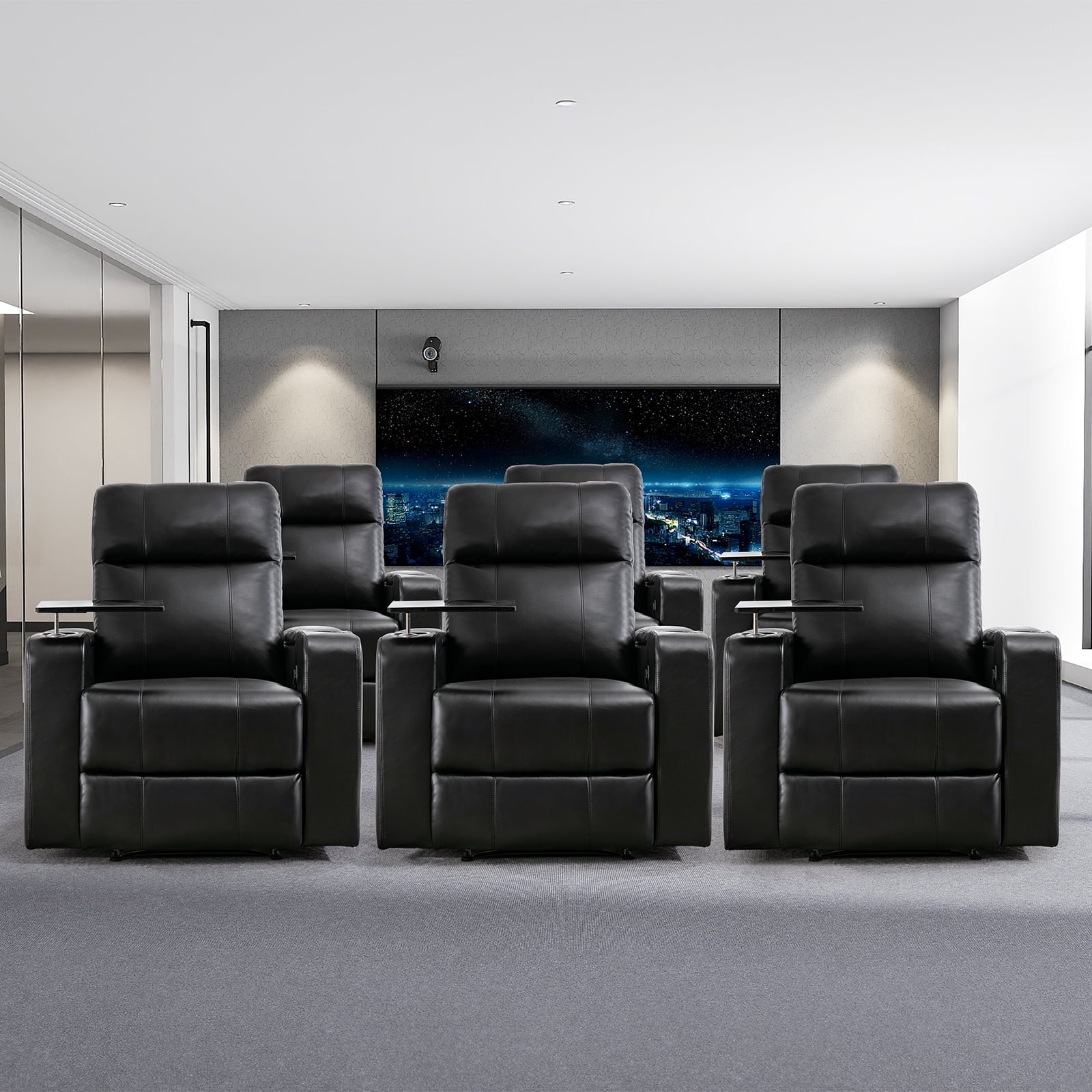 Bonzy Home Electric Power Recliner Chair Set of 3, Leather Home Theater Seating with Swivel Tray Cup Holders USB Port & Hidden Storage, Reclining Chair Sofa Furniture for Movie Room, Black