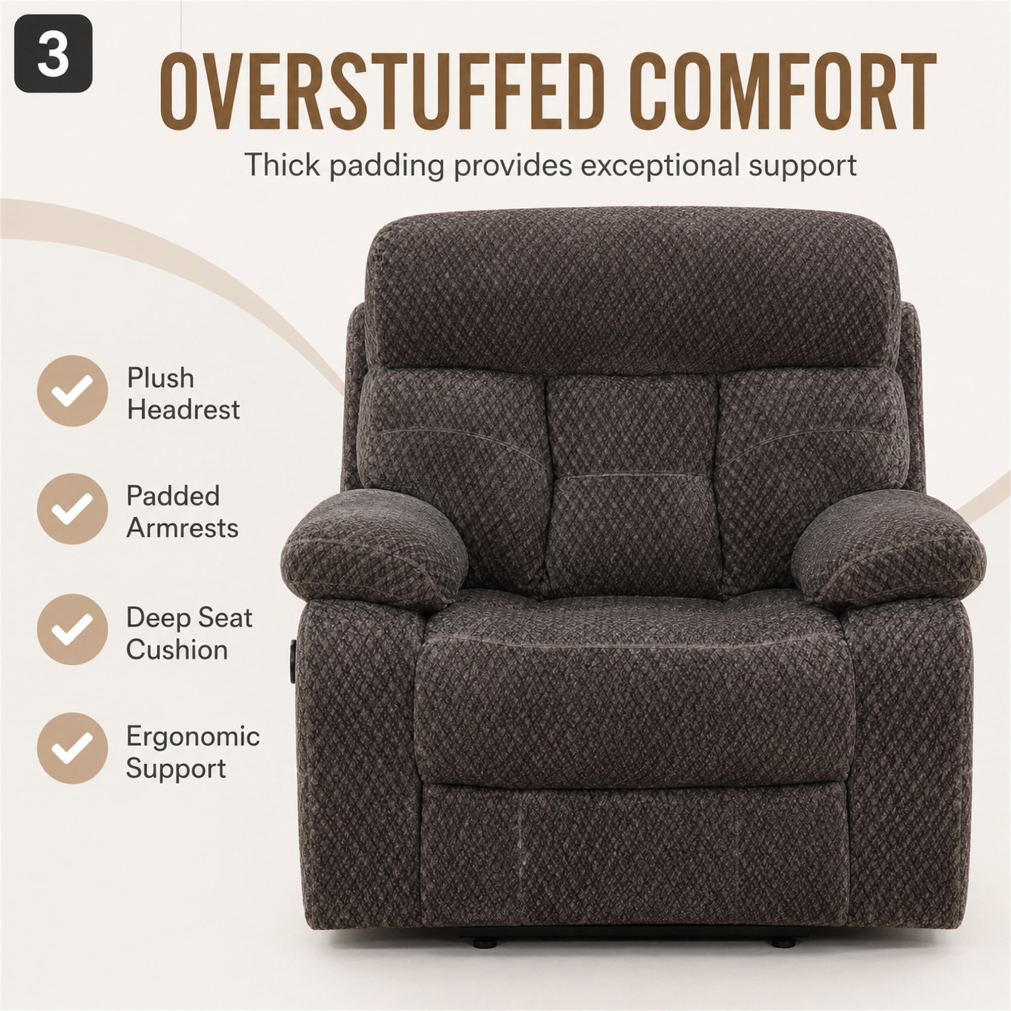 Aukfa 3-Piece Recliner Sofa Set - 41" Oversized Recliner Overstuffed Armchair for Living Room, Microfiber, Gray