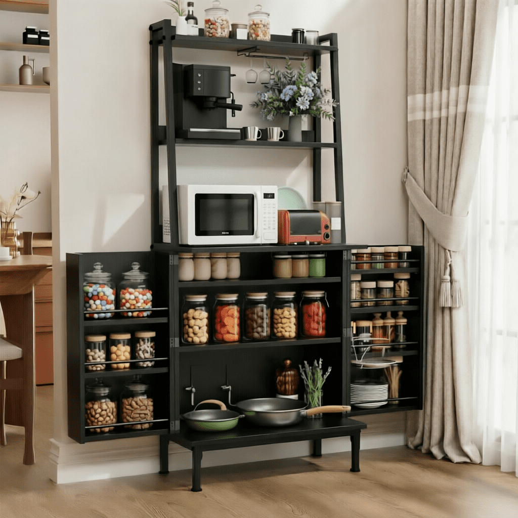 ETASE 58'' Pantry Cabinets with Microwave Shelves, Freestanding Kitchen Storage Cabinet with Adjustable Shelves, Buffet Cupboards for Kitchen/Dining Room/Living Room, Black
