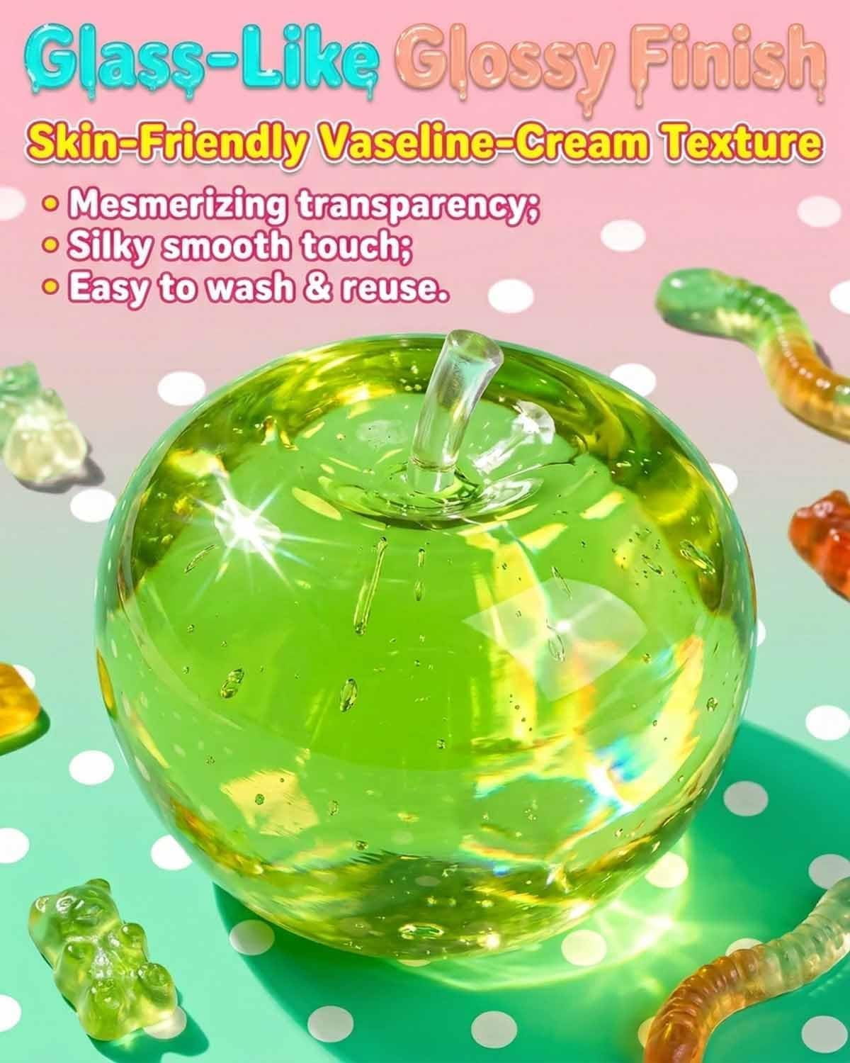 Apple Squishy, 3.15in Clear Cute Fruit Stress Balls, Soft Novelty Rebounding Squeeze Toys Glass Gloss Semi-Transparent,Fun Handmade Silicon Squishies Sticky for Anxiety Relief & Focus(4pcs)