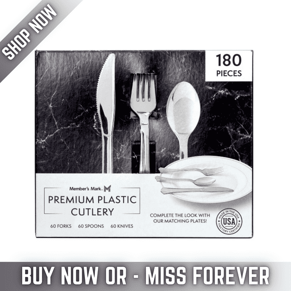 Premium Silver-Look Cutlery , Heavyweight Disposable Forks, Knives & Spoons, 180 Count