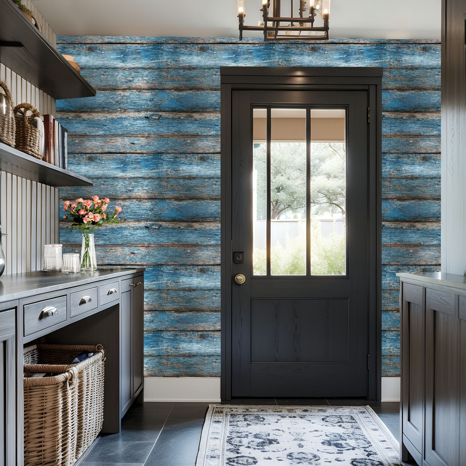 Peel and Stick Wallpaper Blue Weathered Wooden Planks Rustic Wood Texture Wall Mural 17.7in x 9.8ft Self Adhesive Removable Wall Paper Renter Friendly Wallpaper for Nursery Bedroom Cabinets