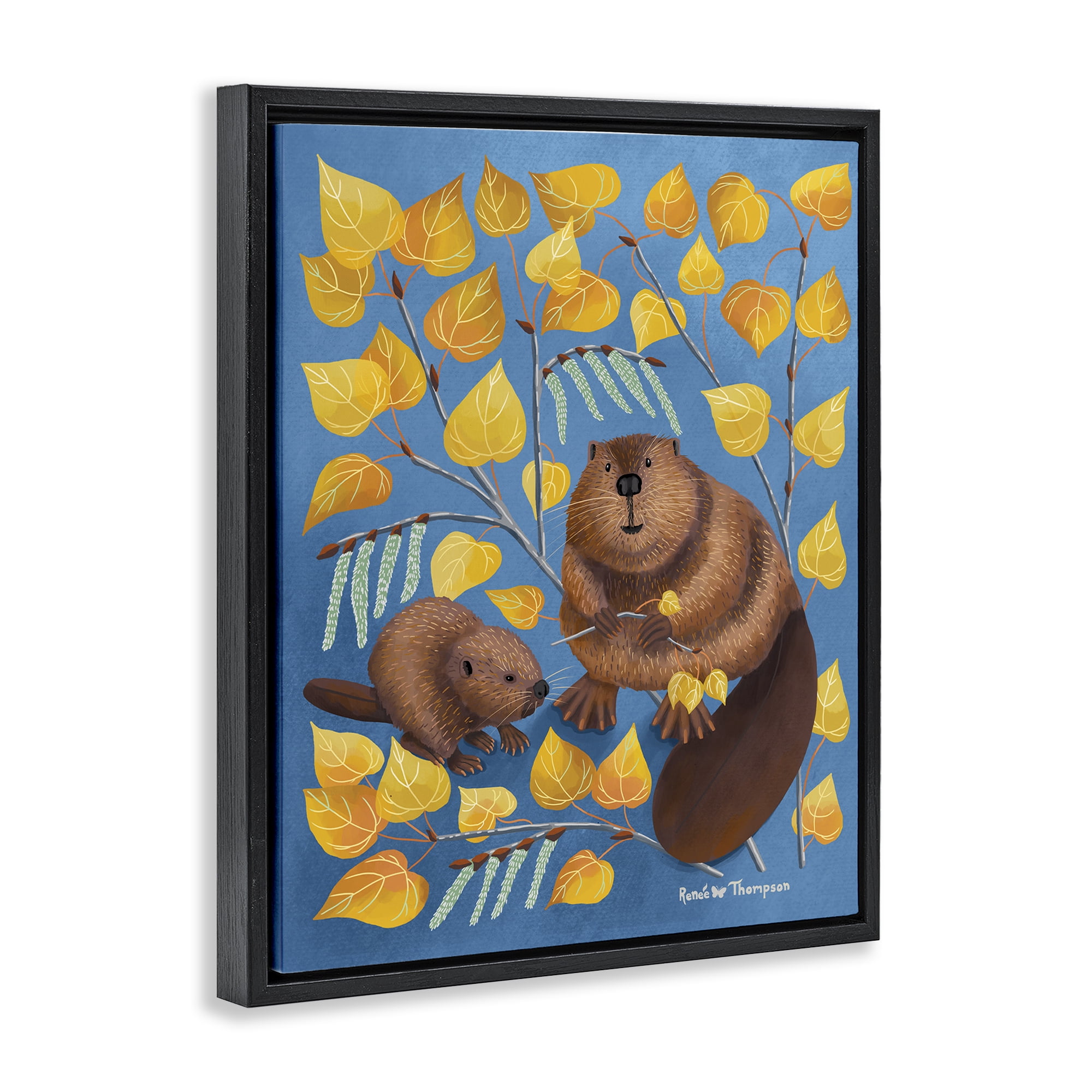 Stupell Industries Beaver & Quaking Aspen Animals Painting Black Floater Framed Canvas Art Print Wall Art, 17 x 21