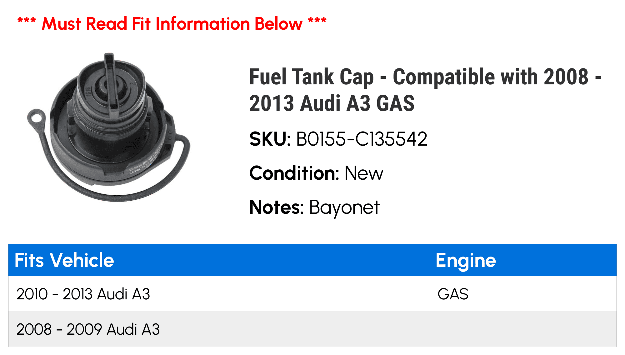 Fuel Tank Cap - Compatible with 2008 - 2013 Audi A3 GAS 2009 2010 2011 2012