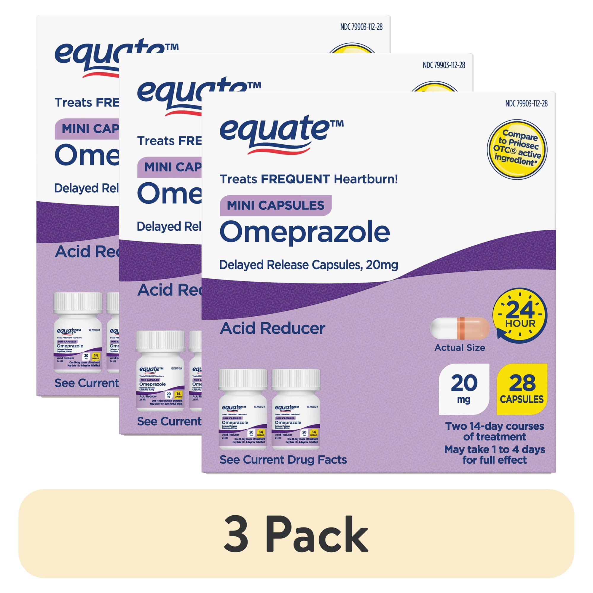 (3 pack) Equate Omeprazole Delayed Release Mini Capsules 20 mg, Frequent Heartburn Medicine, 28 Count, Compare to Prilosec OTC Active Ingredient