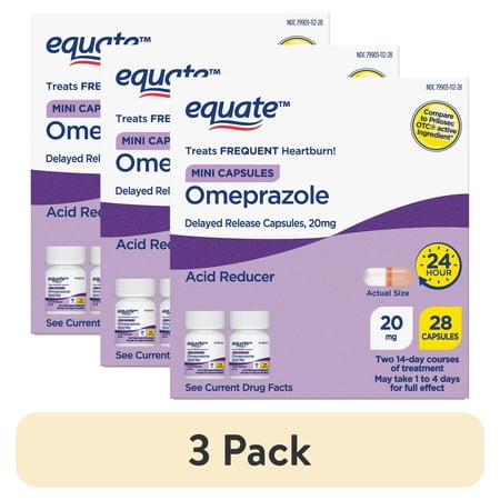 (3 pack) Equate Omeprazole Delayed Release Mini Capsules 20 mg, Frequent Heartburn Medicine, 28 Count, Compare to Prilosec OTC Active Ingredient