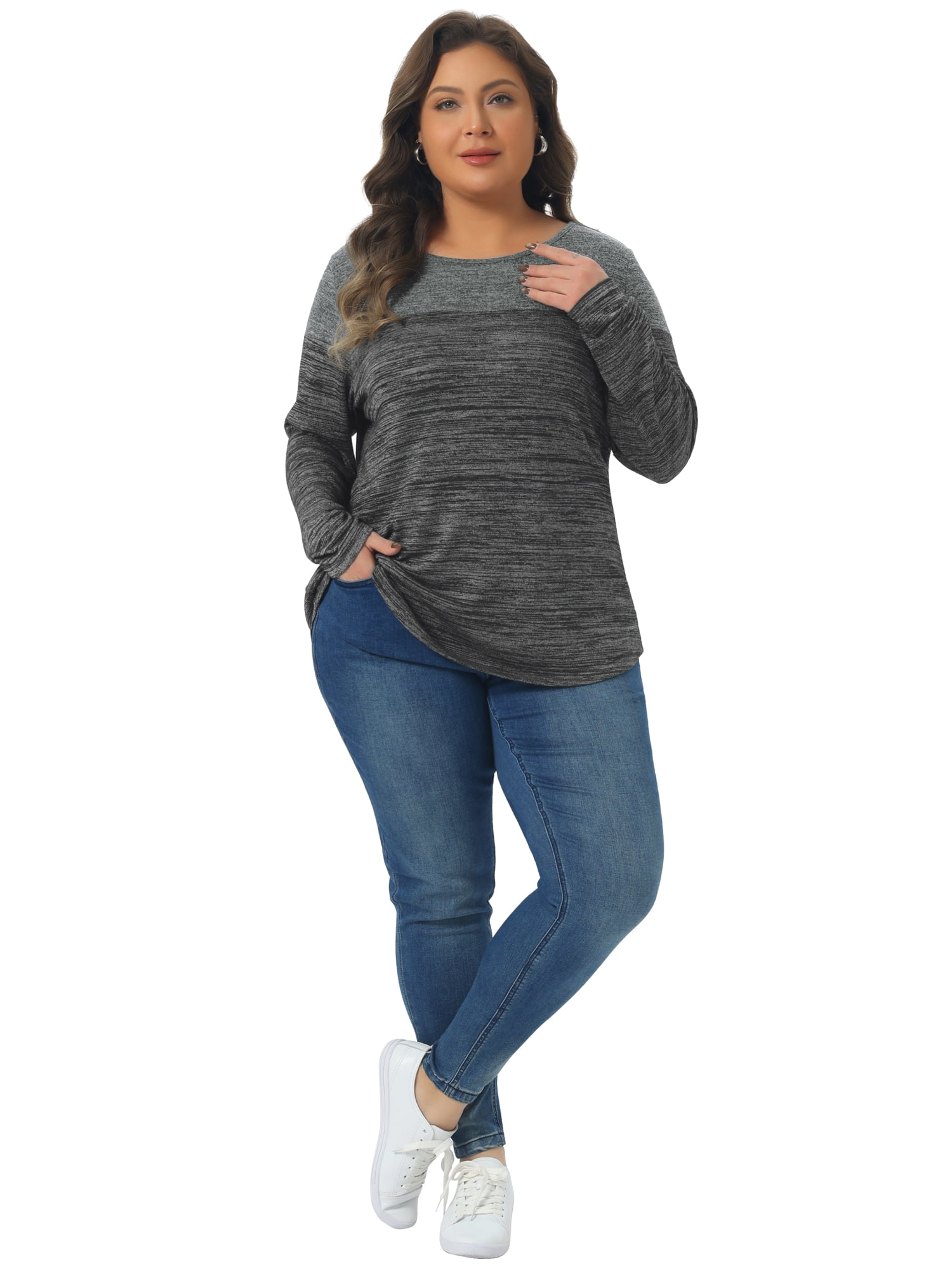 DARING DIVA Women's Plus Size Color Block Long Sleeve Crew Neck Knitted Blouse 4X Black