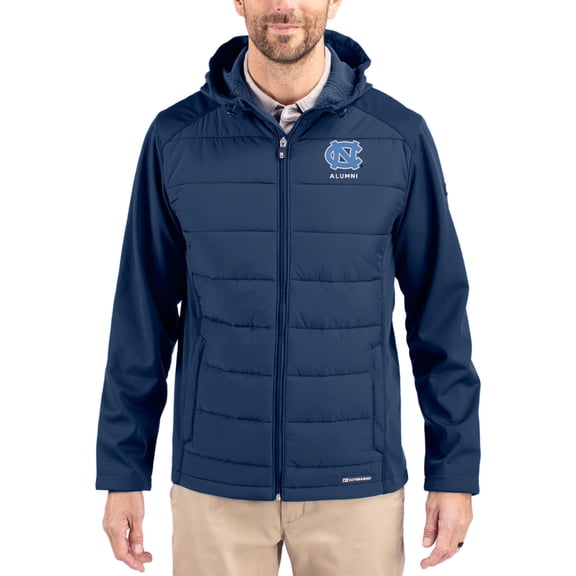 Men's Cutter & Buck Navy North Carolina Tar Heels Evoke Hybrid Eco Softshell Recycled Full Zip Hooded Jacket