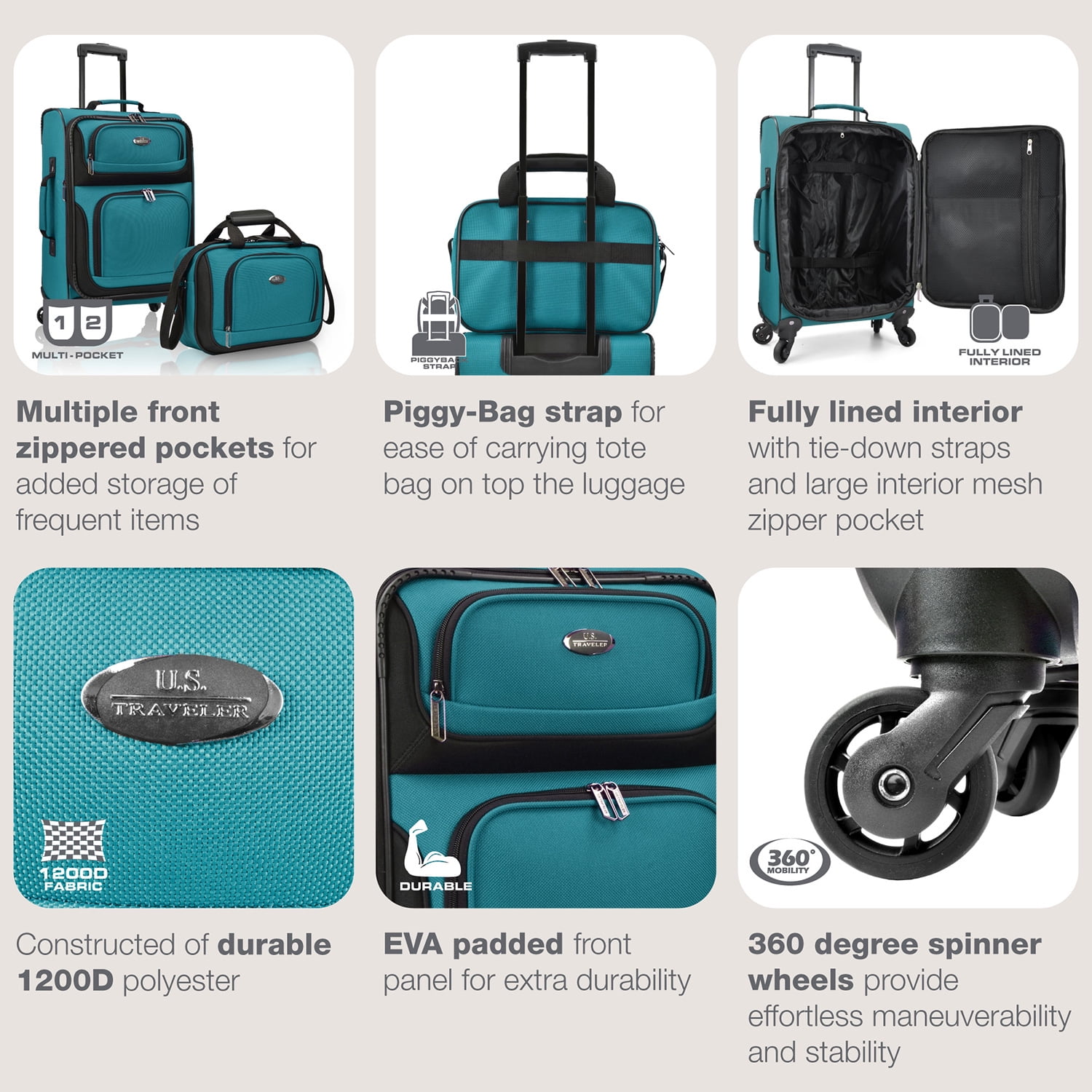 U.S. Traveler Rio Rugged Fabric Expandable Carry-on Spinner Luggage Set w/ Tote, Teal, 2 Piece (21/14)