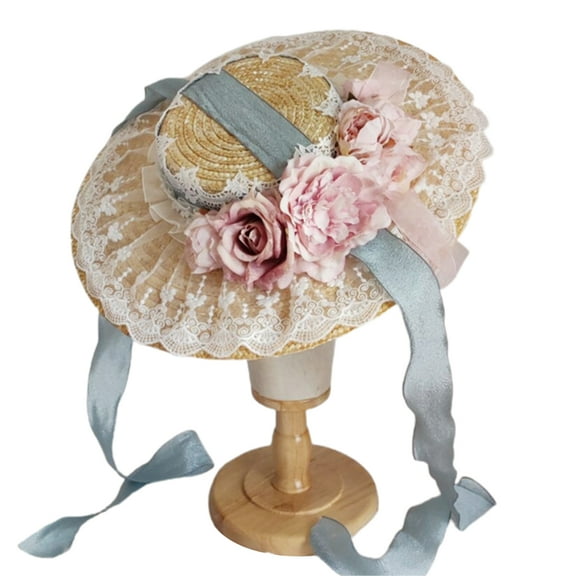 ZPAQI Girls Vintage Flower Straw Hat with Flat Top Lolita Ruffle Lace Headwear Sun Hat