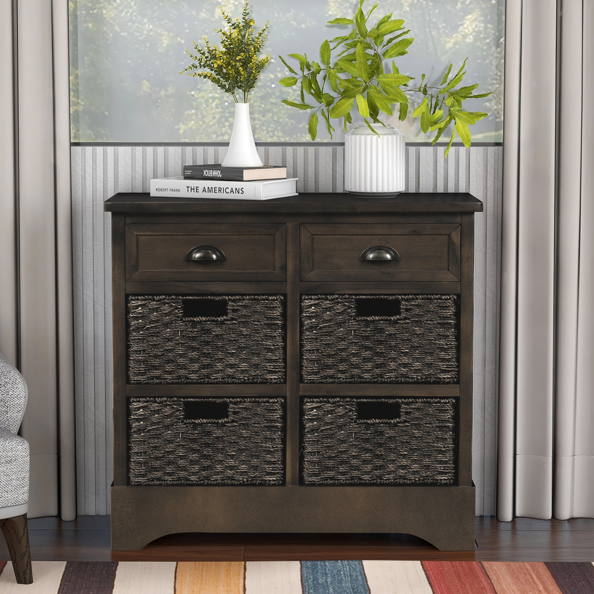 Rustic Storage Cabinet With Two Drawers And Four Classic Rattan Basket ...