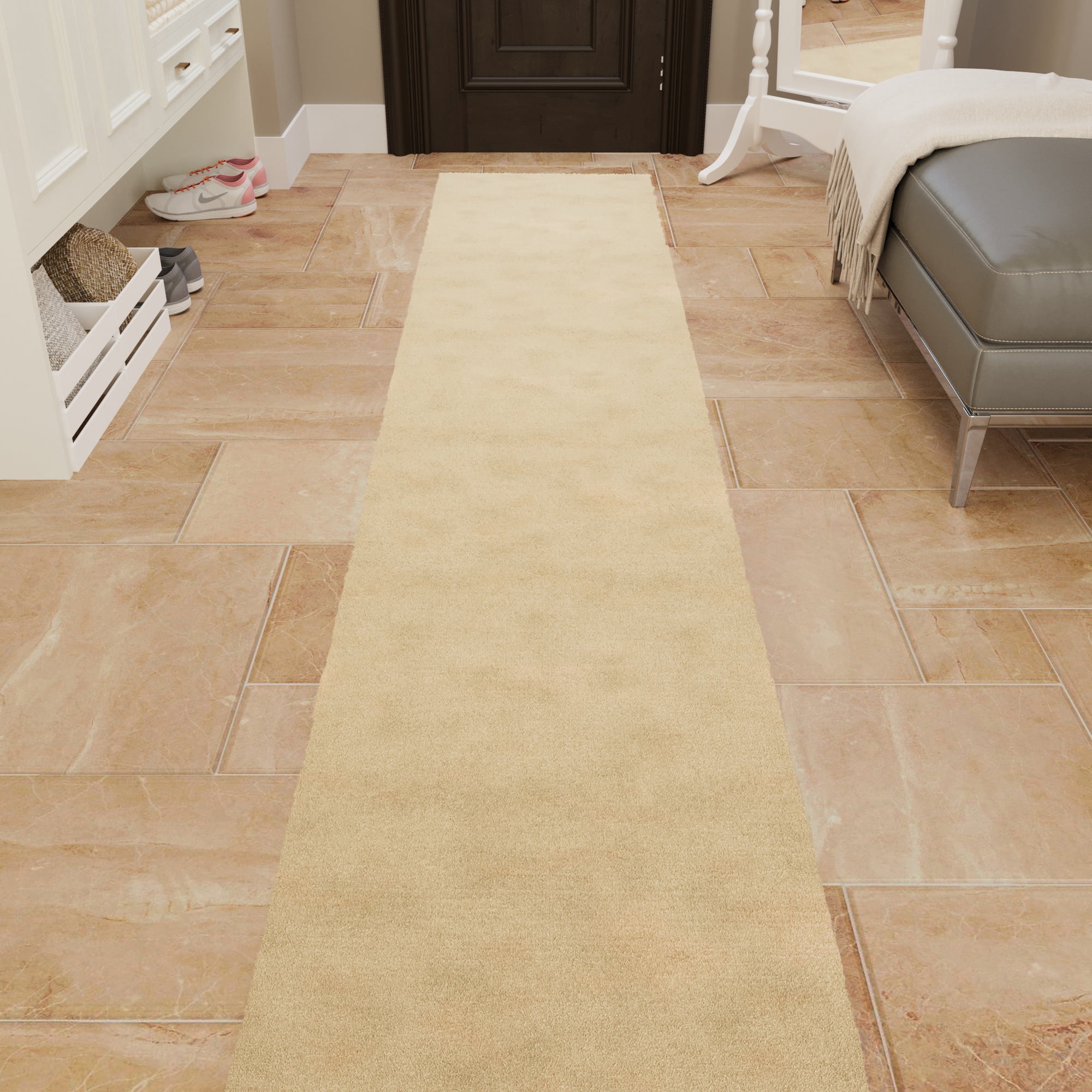 Ottomanson Aisle Runner Rug 1'11.6" x 17' – Non-Slip Plush Extra Long Indoor Runner, Beige