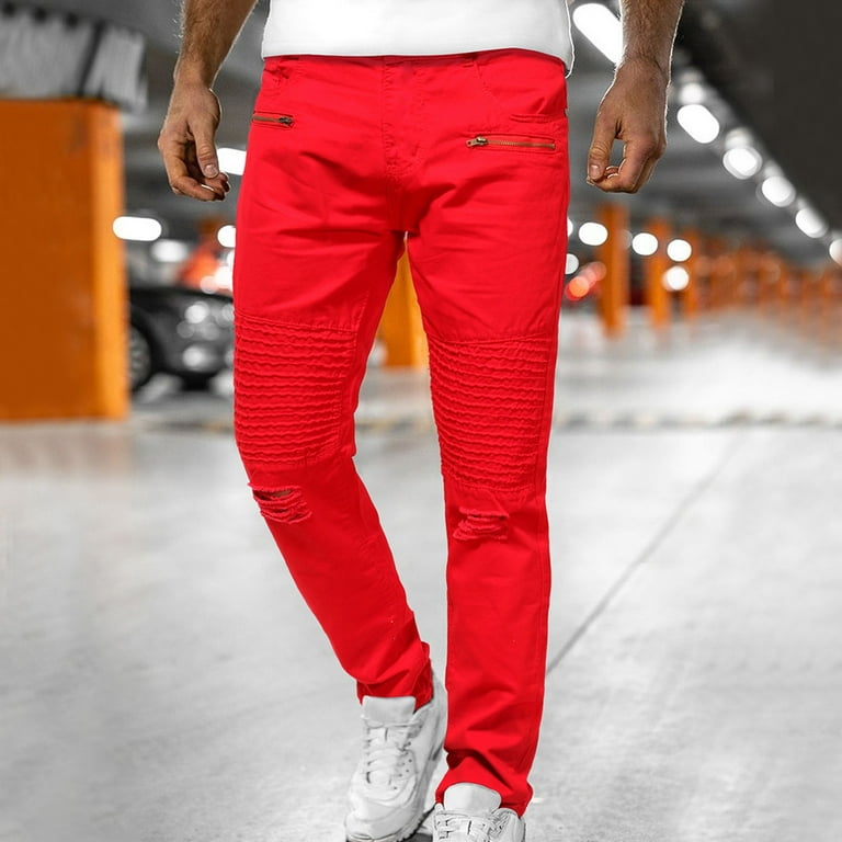 kpoplk Mens Slim Fit,Men's Baggy Jeans Classic Plain Loose Pants Dance Black Jeans Denim(Red,M) -