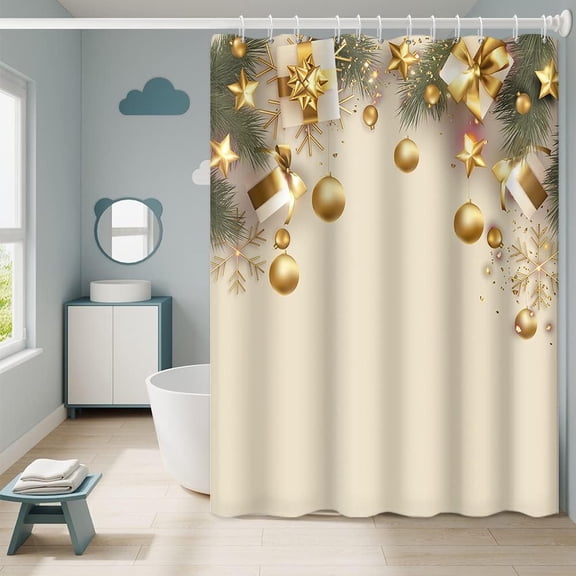 Gold Christmas Shower Curtain with Hooks Green Pine Leaves and Golden Xmas Balls Stars Snowflakes Classic Design Print Shower Curtain for Bathroom Home Decorative, 72x72 Inch