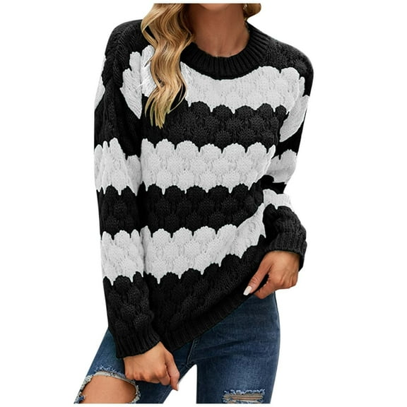 Aoochasliy Womens Sweaters Pullover Clothes Round- Neck Stripe Splicing Recreational Pullover Knitting Tops