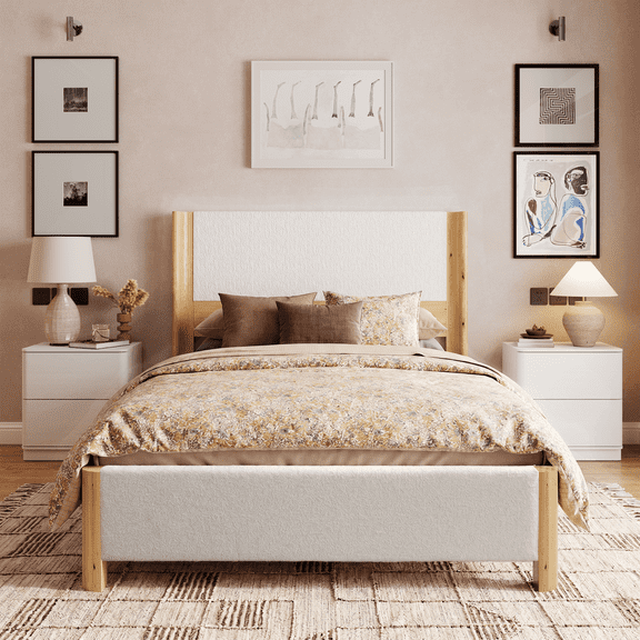 Brafabhome Queen Bed Frame with Solid Wood Curved Wingback, Modern Upholstered Platform Bed with 51'' Tall Headboard, No Box Spring Needed, White