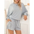 thumbnail image 4 of Women's Summer Loungewear Set, Solid Color Long Sleeve Round Neck Tops + Drawstring Shorts 2 Pieces Loose Sleepwear, 4 of 8