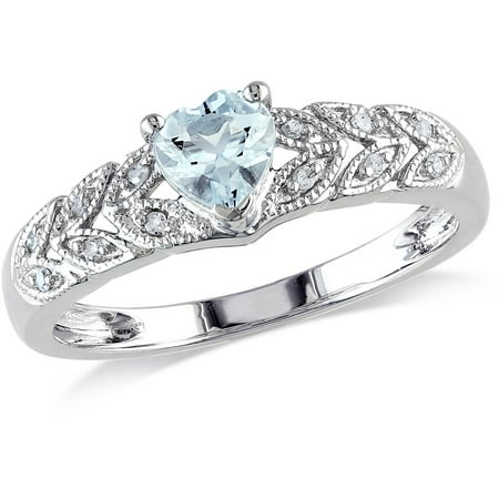 - 1/3 Carat T.G.W. Aquamarine and Diamond-Accent Sterling Silver Heart Ring