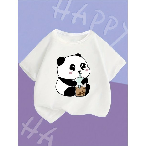 Camiseta con estampado gráfico de panda de dibujos animados y té de burbujas, cómoda y moderna para niñas para primavera y verano, ropa para exteriores.