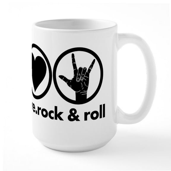 CafePress - Peace Love Rock And Roll Mugs - 15 oz Ceramic Large White Novelty Mug