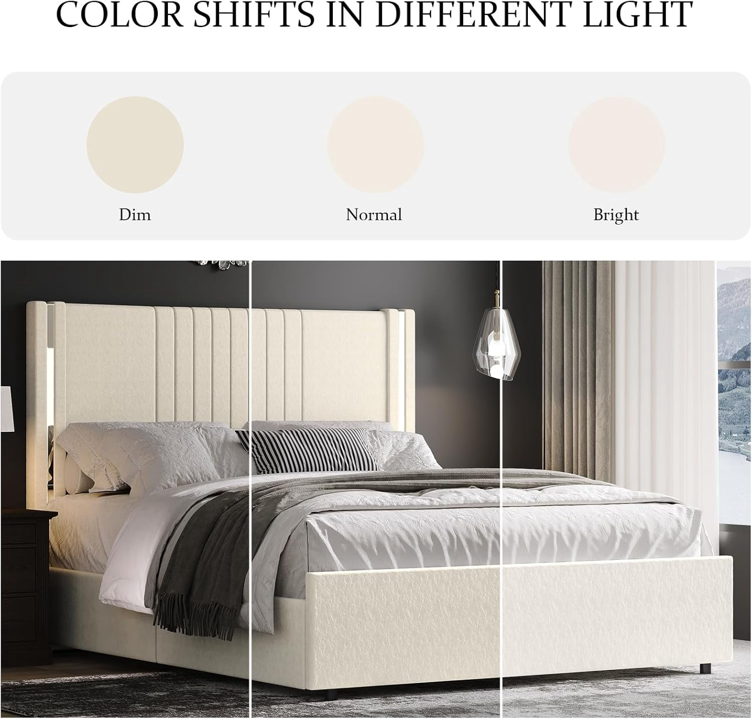 Queen Size Beige Velvet Upholstered Platform Bed Frame with Channel Tufted Wingback Headboard, Wooden Slats, No Box Spring Needed