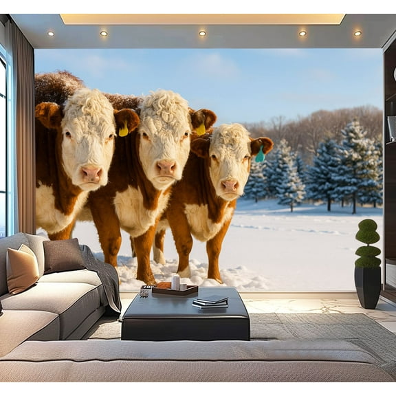 Peel and Stick Wallpaper Waterproof Hereford Cows Winter Wall Mural Decor Self Adhesive and Removable 100in x 144in