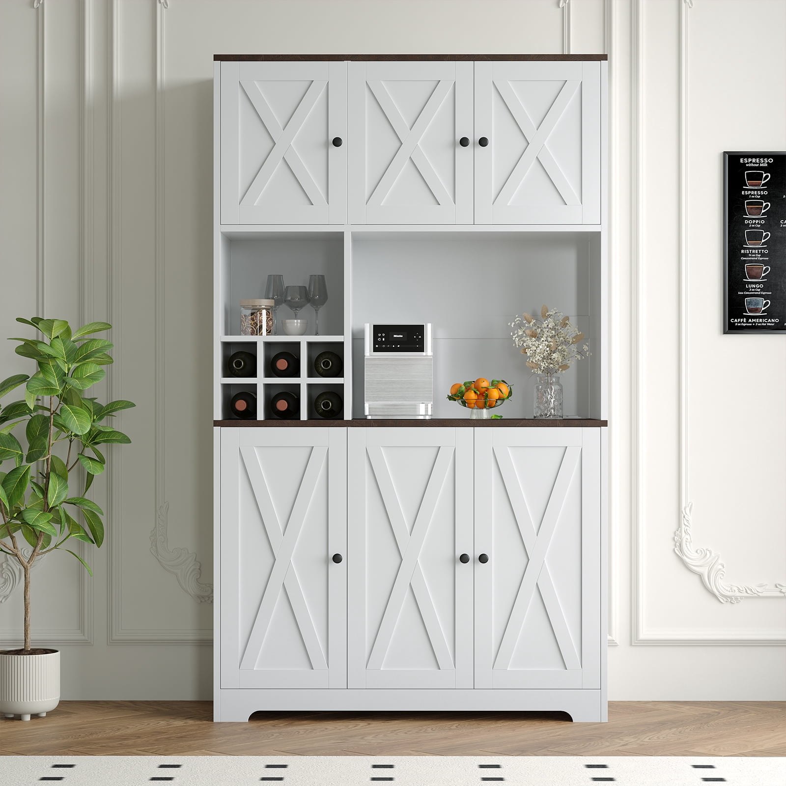 71 Inch Tall White Kitchen Pantry Cabinet, Modern Farmhouse Kitchen Hutch Storage Cabinet with Wine Rack, Freestanding Coffee Bar Station with Storage for Dining Room, Living Room