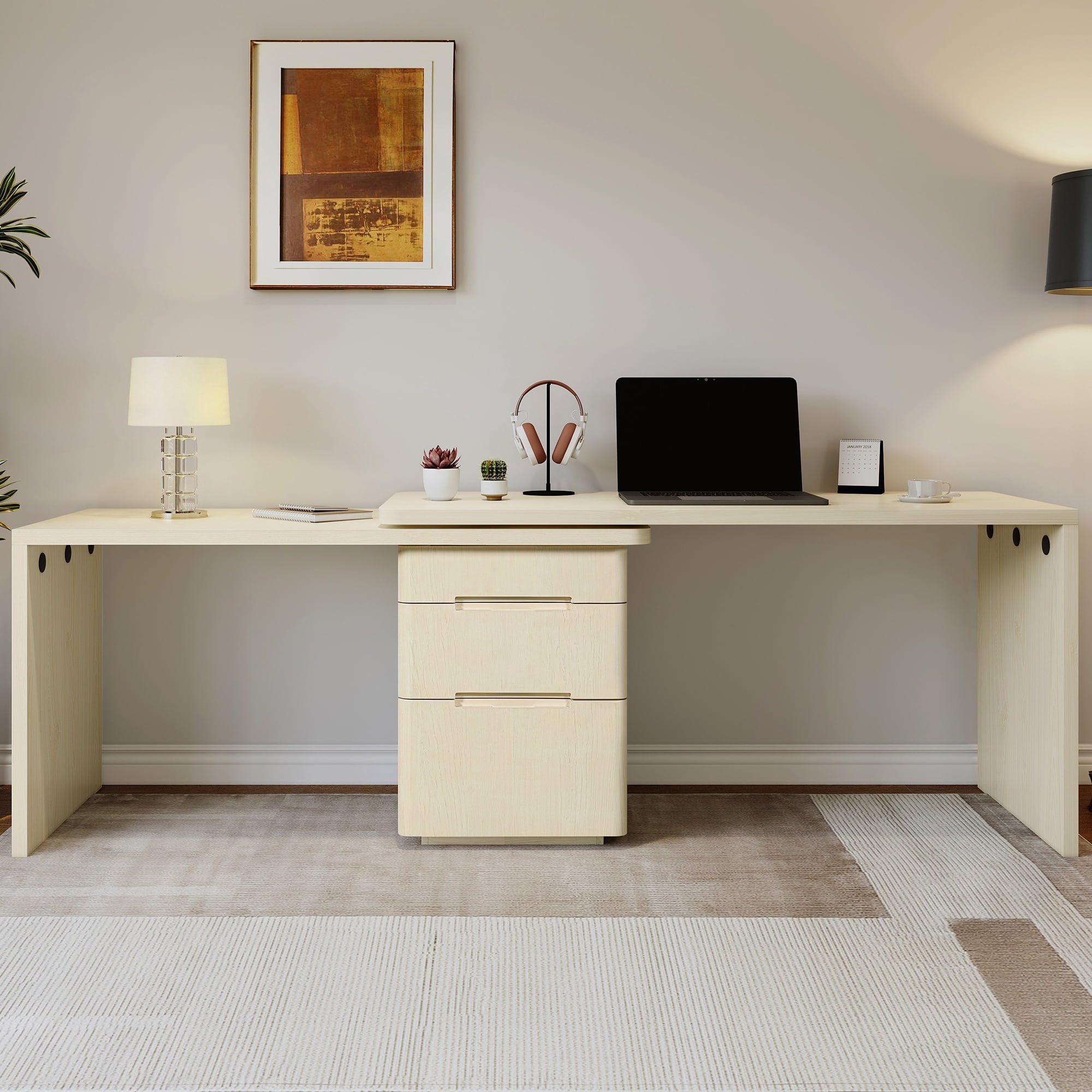 90" L Shaped Desk with 3 Drawers, 360° Rotating Corner Desk, Modern Executive Office Desk in Natural Wood, for Home Office Living Room Study Workstation