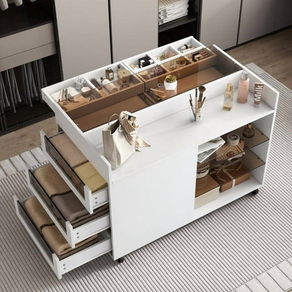 43.3" white multi-functional storage island 🛠️   3 drawers   reversible top   glass shelves – so versatile! Movable, perfect for vanity or storage. Obsessed.