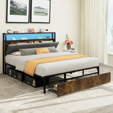 Dextrus Queen Size LED Platform Bed Frame with Storage Headboard & Charging Station, No Box Spring Needed
