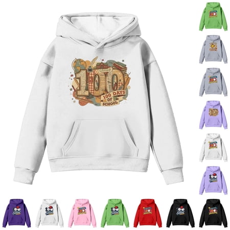 CUZIBR Kids Boys 100 Days Of School Sweatshirt Basketball Baseball Letter Graphic Pullover Hoodie Long Sleeve Soft Tops Back To School Casual Hooded Top With Front Pocket White-D 3-4 Years