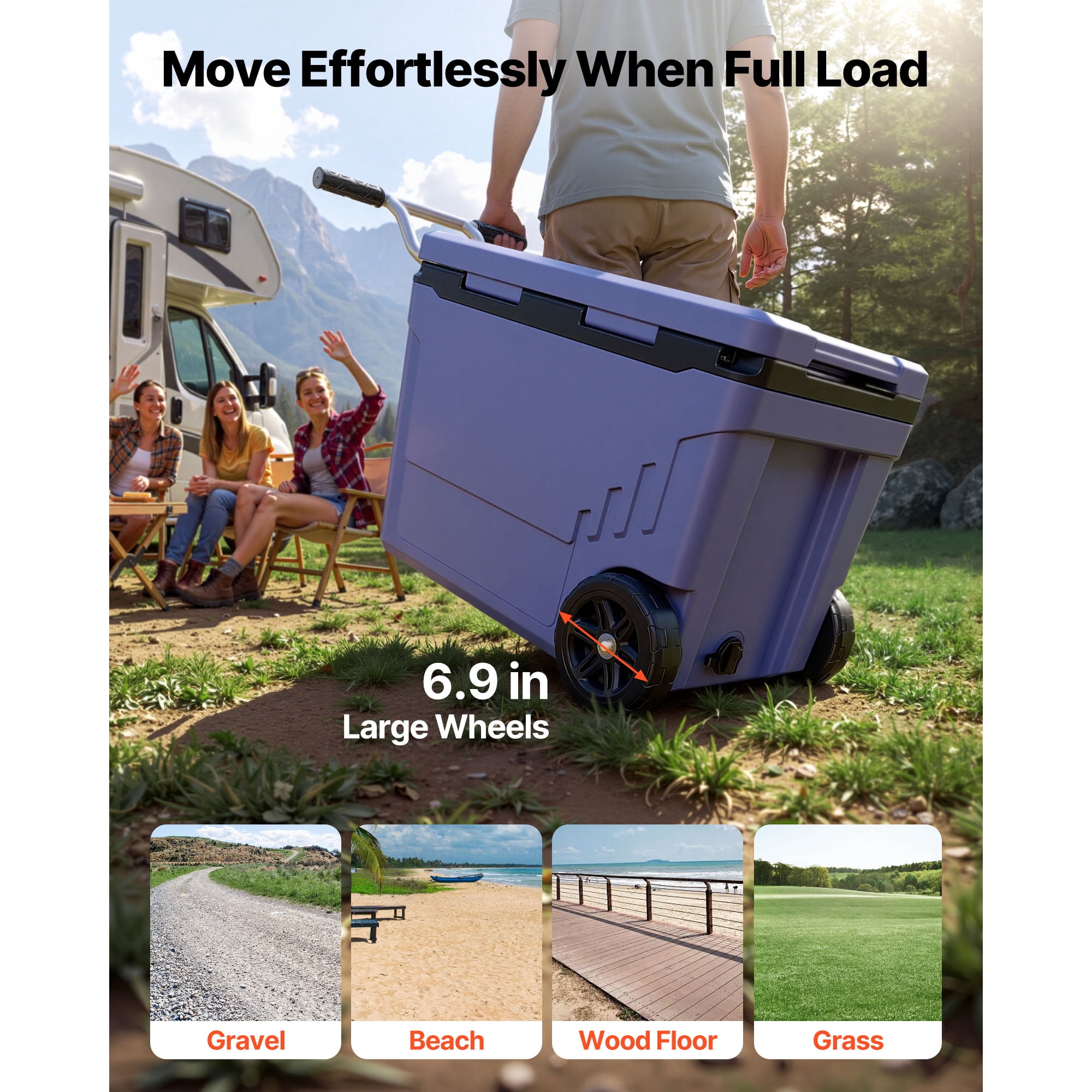 KFFKFF Hard Cooler, 45QT Portable Rolling Cooler with Wheels, Leak-Resistant Coolbox Keeps Contents Cool for 48 Hours, Ice Retention Insulated Chests, Ultra-Light for Outdoor Picnics, Grill, Camping