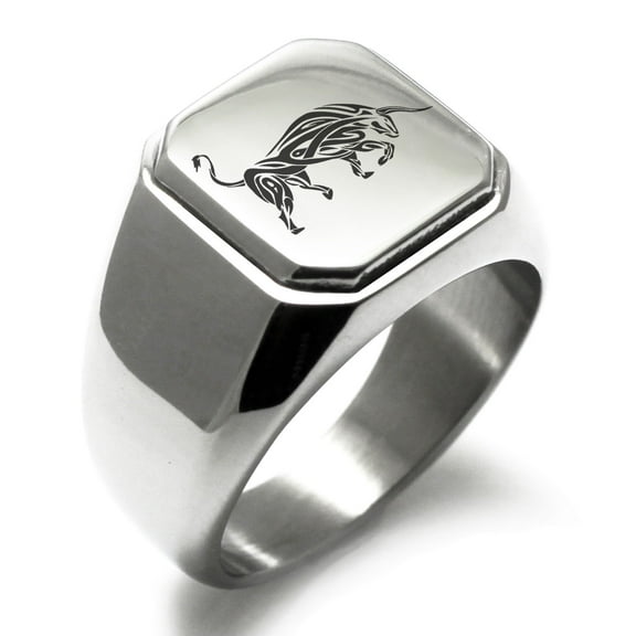 Stainless Steel Celtic Bull Rune Engraved Square Flat Top Biker Style Polished Signet Ring