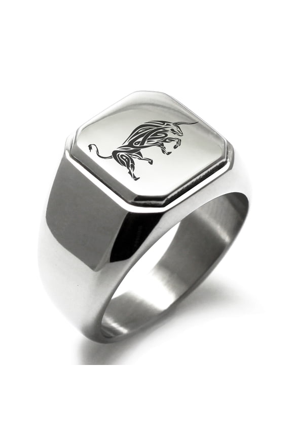 Stainless Steel Celtic Bull Rune Engraved Square Flat Top Biker Style Polished Signet Ring