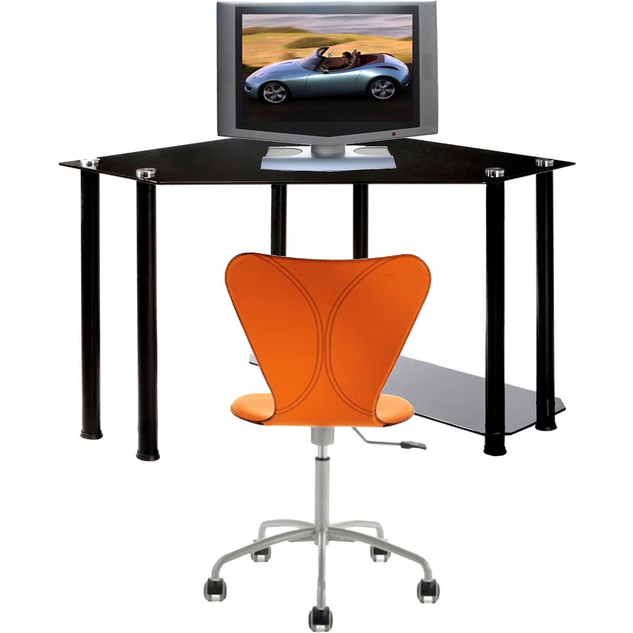Corner Computer Desk With Black Glass Top And Cpu Shelf