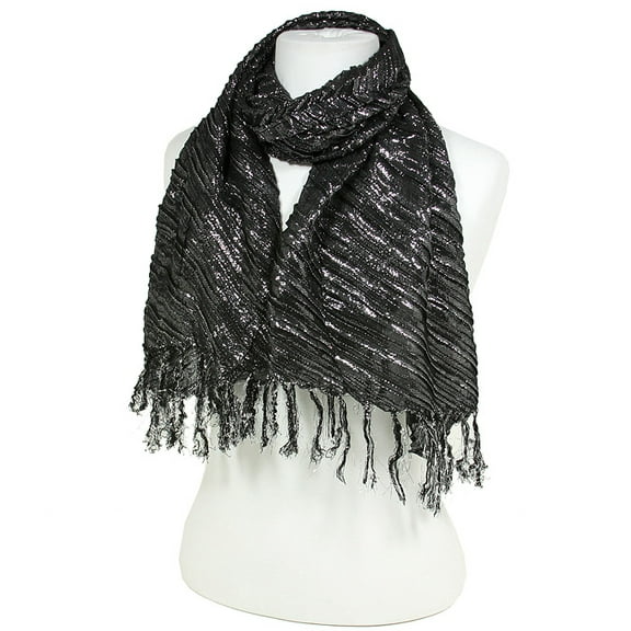 Scarf - Metallic Plead Lurex Bias-Cut w/ Fringes - Black /Silver - SF-BL1206BKSI