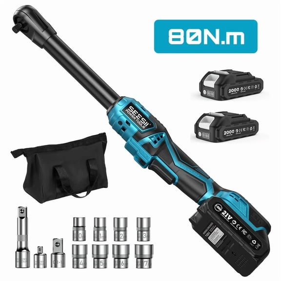Seesii Extended Cordless Electric Ratchet Wrench: 59Ft-lbs Power Ratchet Wrench 3/8", Brushless 0-400RPM Variable Speed Trigger, 2 Pack 21V Batteries & Charger, 8 Sockets, 1/4"& 1/2" Adapter