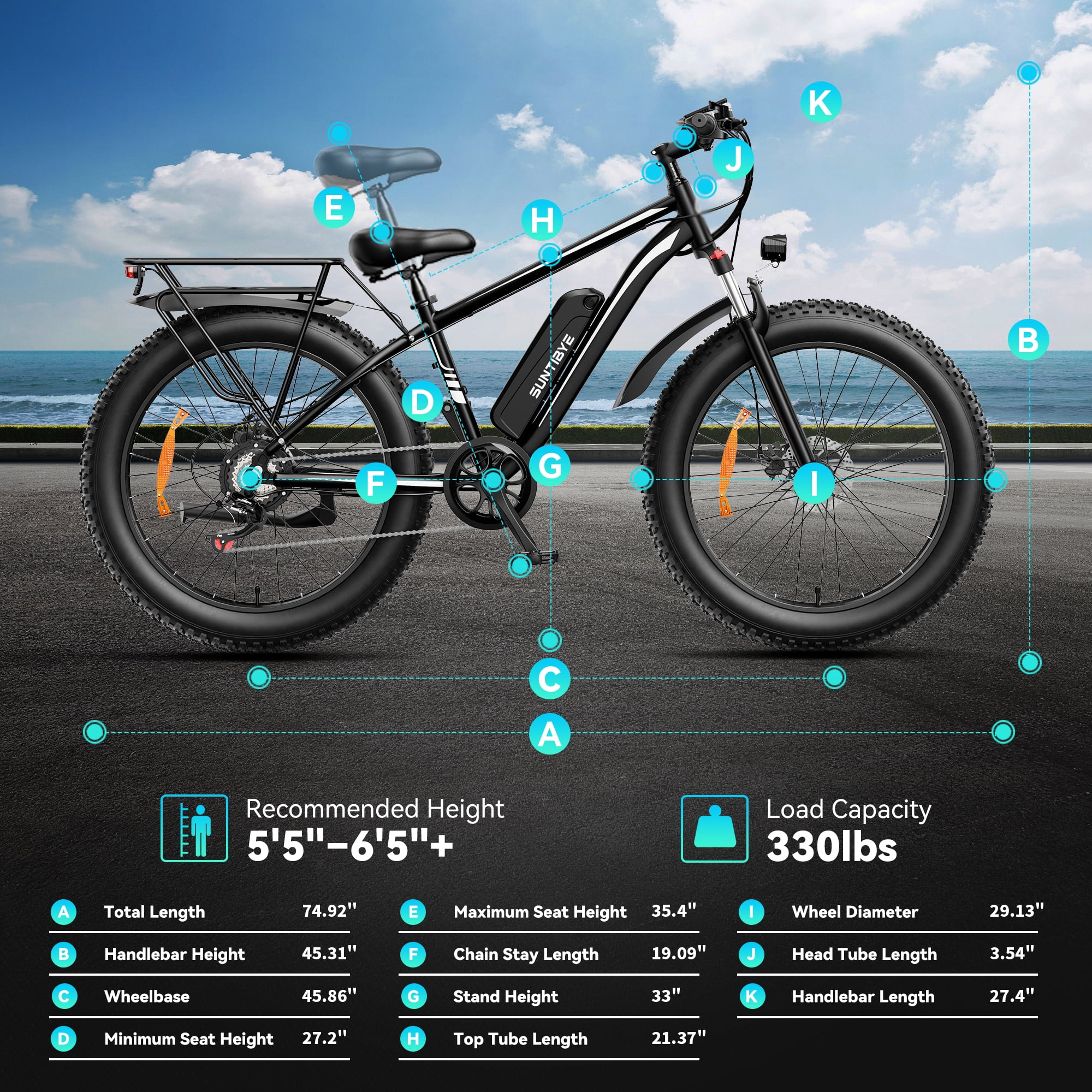 SUNTIBYE Electric Bike for Adults, 26" Fat Tire Class 2 Ebike, 48V 15Ah 750W, UL2849, Up to 65 Miles, Black