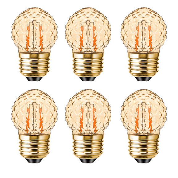 G40 LED Amber Bulbs 1W, E26 Base Night Lights, 2200K Warm White Edison Style, 10W Equivalent, Pineapple Glass, 6-pack