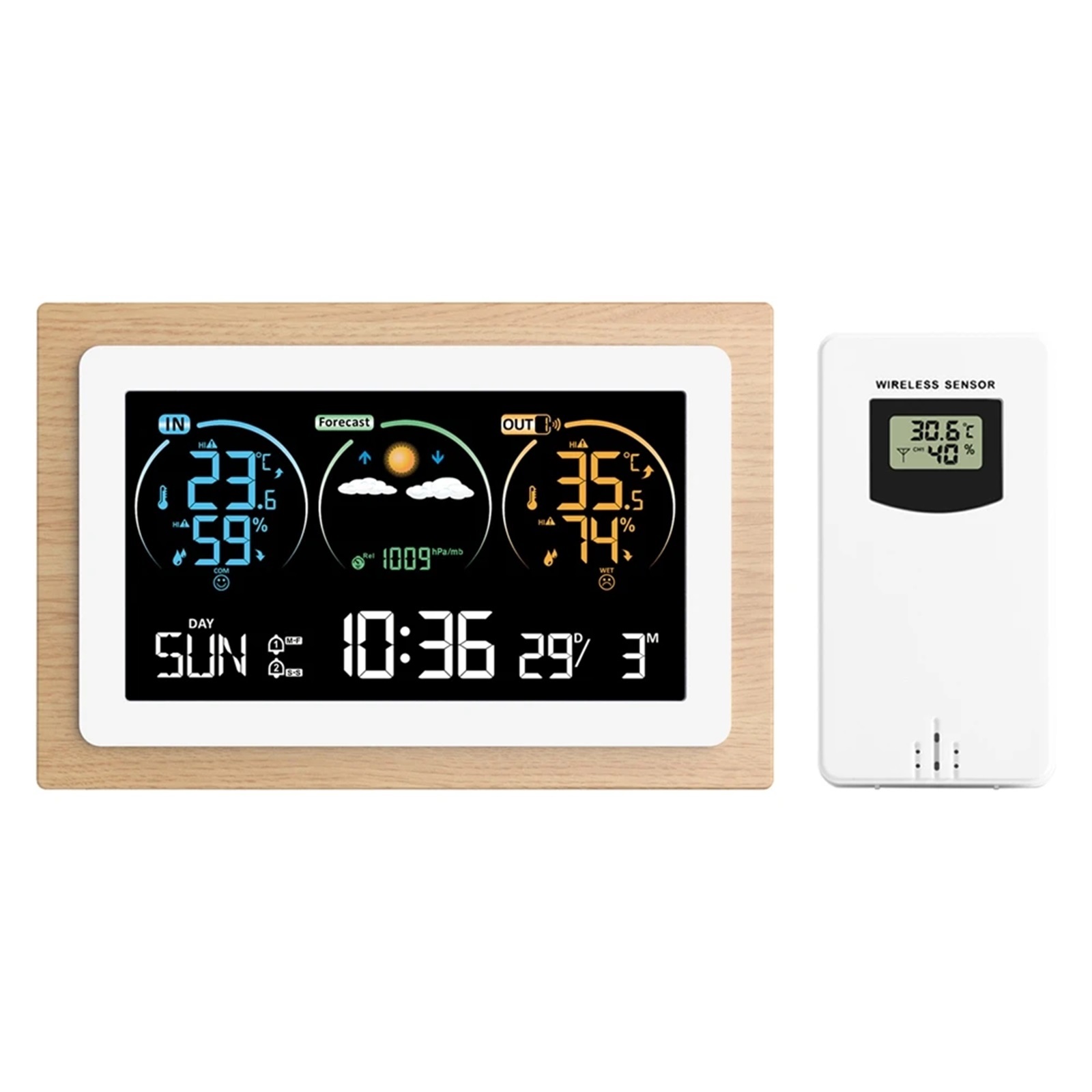 Digital VA Color Wood Weather Station Home Temperature Humidity Air Pressure Monitor Wall Alarm Clocks Wireless Forecast Sensor