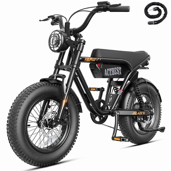 Actbest Blaze Retro Electric Bike for Adults, 16"x4.0 Fat Tire Vintage E‑Bicycle, 500W Hub Motor 28MPH(Peak 1500W), 48V 13Ah Removable Battery, Dual Shock Absorption,Black & Gold with Lock