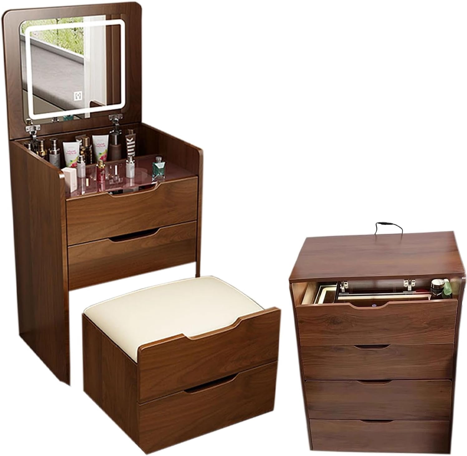 Aukfa 3 in 1 Vanity Set with Plip Top Mirror,Make Up Vanity Desk for Bedroom,Walnut