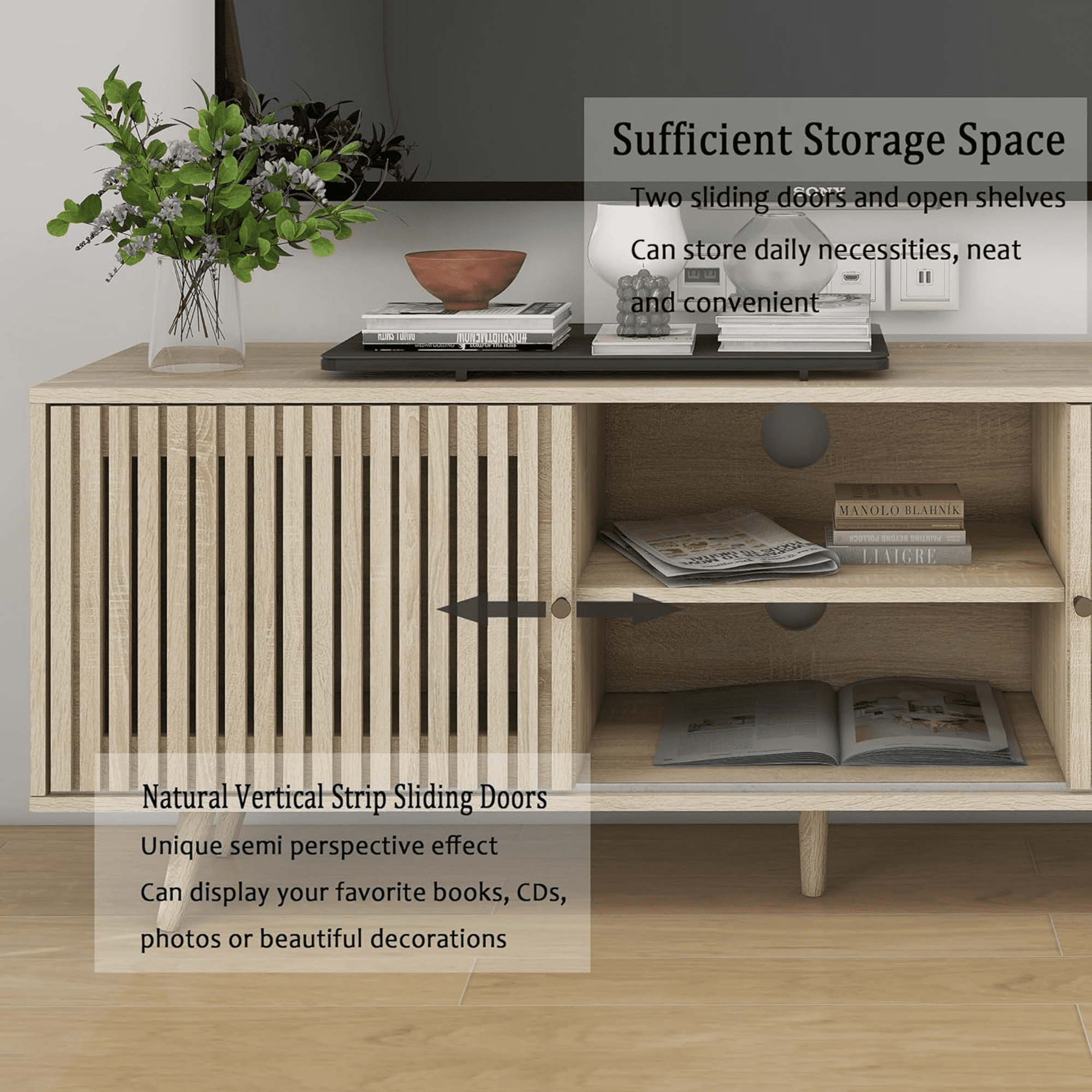 Lisicue Mid-Century Modern TV Stand for TVs up to 70 Inches with Sliding Doors and Storage, Natural