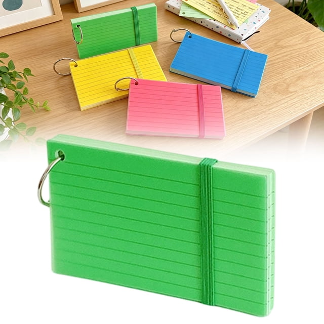 Ring-Bound index Cards for Study, Colored Flash Cards for Note Taking, 50-Page Portable Notepad with Pp Cover and Elastic, Vocabulary Learning tool for Schol (Green)