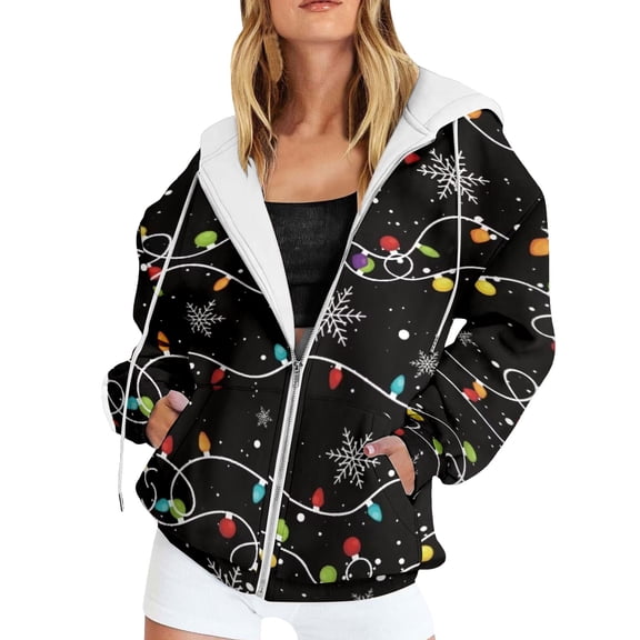 Hoodies for Women Loose Fit Stylish Print Zipper Pocket Drawstring Hooded Long Sleeve Cardigan Jacket Top Casual Wear Women's Sweatshirts L